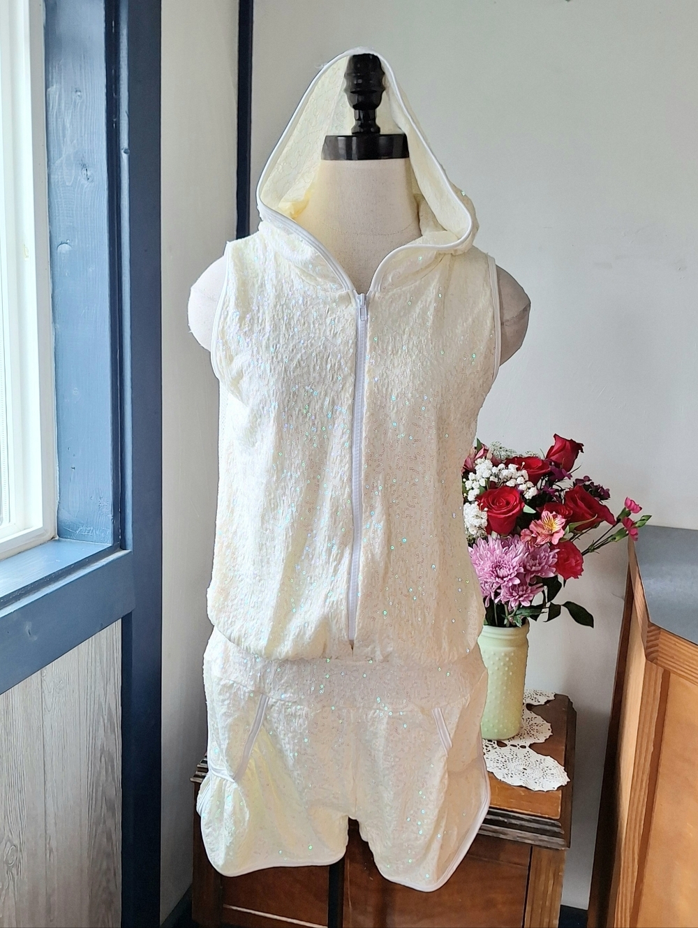 Curtain Call Costumes Sequined Shorts Romper with Hood, Size AME, Style#J5266